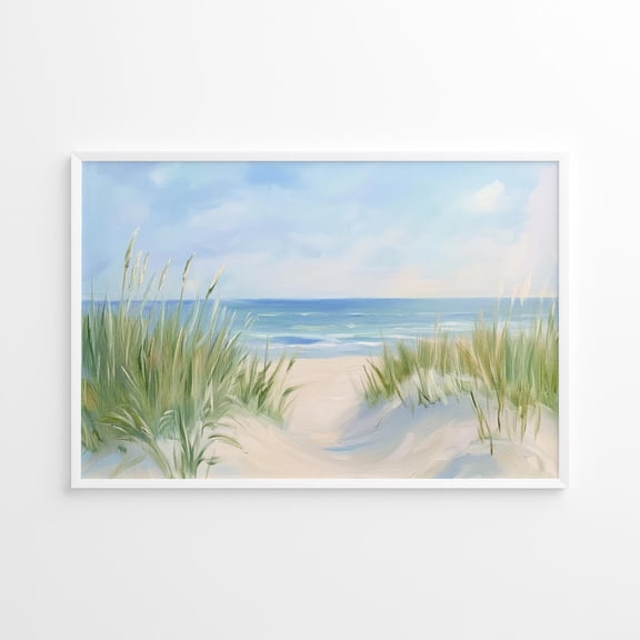 Beach Grass Pathway Poster, Serene Coastal Landscape Wall Art, Pastel Ocean Shore Decor, Calm Beachside Scene Artwork, Summer Seaside View Unframed Paper Print