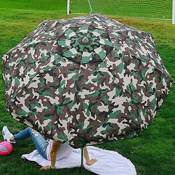 Beach and Grass Umbrella with Matching Travel Carrying Bag - Large 7 Feet 5 Inches Tilting Telescopic Aluminum Pole - Twist Sand/Grass Anchor - Wind Air Vent - Fiberglass Ribs (Camouflage Green)