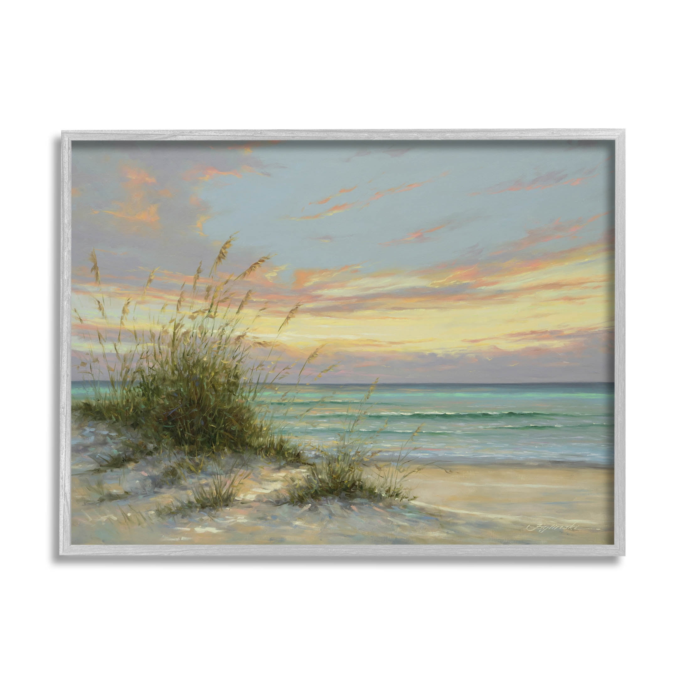 Beach Grass Vivid Sunset Coastal Painting Gray Framed Art Print Wall Art