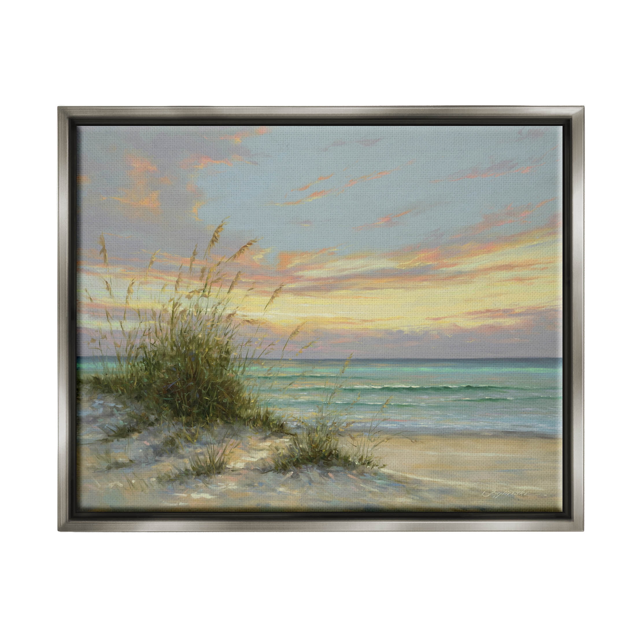 Beach Grass Vivid Sunset Coastal Painting Luster Gray Framed Art Print Wall Art