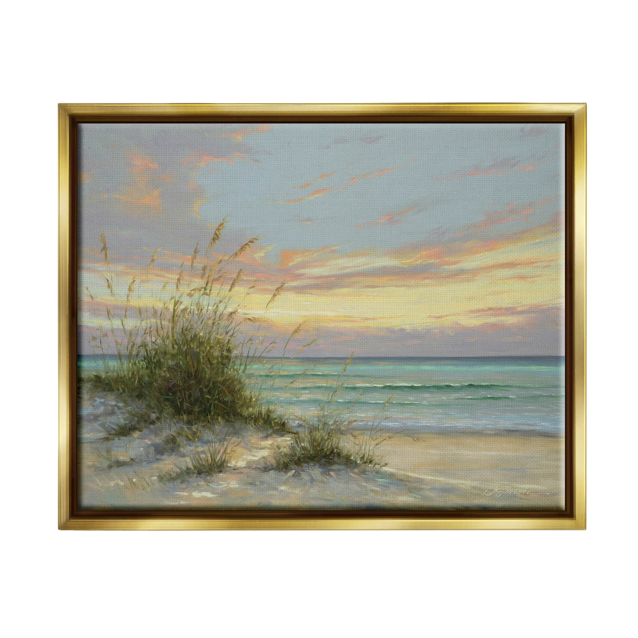 Beach Grass Vivid Sunset Coastal Painting Metallic Gold Framed Art Print Wall Art