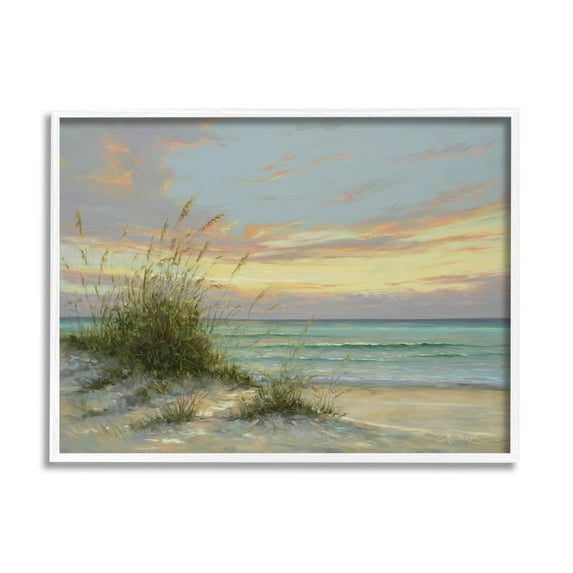 Beach Grass Vivid Sunset Coastal Painting White Framed Art Print Wall Art