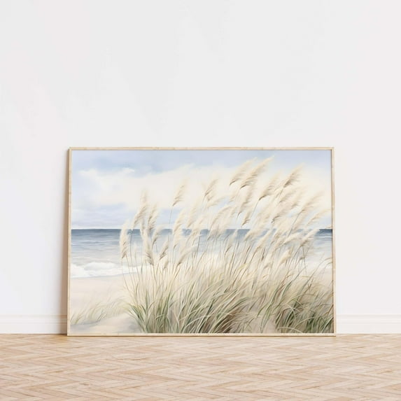 Beach Grass Wall Art Print, Coastal Pampas Grass Decor, Neutral Ocean Print, Beach Landscape Art, Soothing Coastal Wall Art Home Decor #384, Unframed Poster Size 12x18