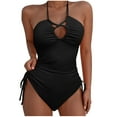 thumbnail image 1 of Beach Halter Swimsuits for Women Cutout Ruched One Piece Bathing Suit Drawstring Tie Lace-Up Padded Swimwear Black, M, 1 of 3