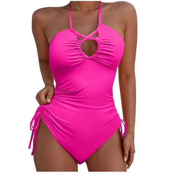 Beach Halter Swimsuits for Women Cutout Ruched One Piece Bathing Suit Drawstring Tie Lace-Up Padded Swimwear Pink, XL
