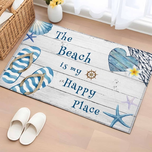 The Beach Is My Happy Place 2'x3' Rug for Entryway Front Door Kitchen Sink Area, Summer Ocean Slippers Starfish Shell Wood Grain Low Pile Washable Non Slip Rectangle Area Rug