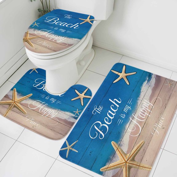 The Beach Is My Happy Place Bathroom Rugs Set Summer Starfish Beach Board Non Slip Absorbent Soft Bath Mats 3 Piece Set with Bathroom Rug, U-Shaped Floor Mat, Toilet Seat Cover Small Size