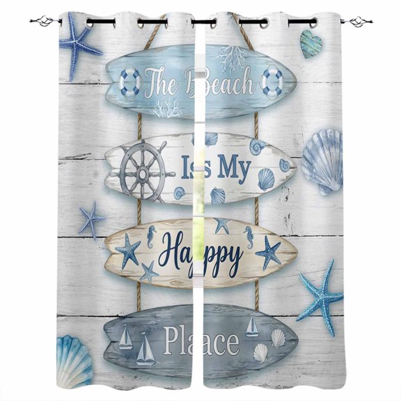 The Beach Is My Happy Place Blackout Curtains 63 Inch Length Summer Ocean Blue Starfish Shell Wood Grain Thermal Insulated Window Curtain Window Drapes 2 Panels for Bedroom Living Room 42"Wx63"L