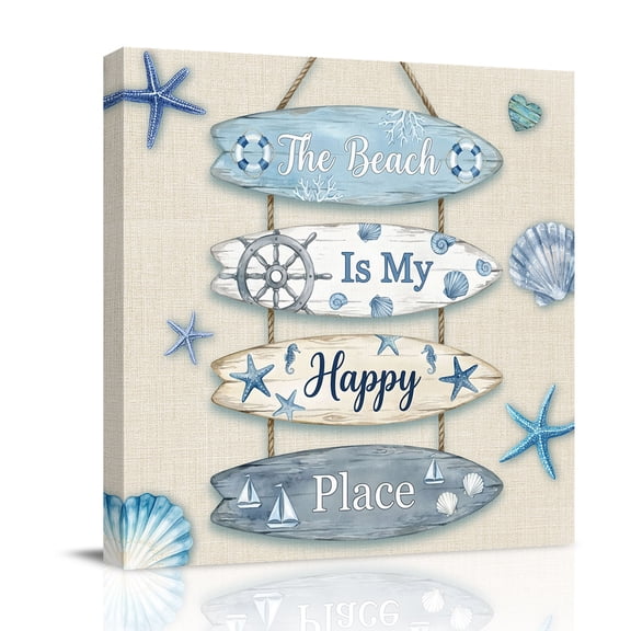 The Beach Is My Happy Place Canvas Wall Art for Living Room, Summer Ocean Blue Starfish Shell Seahorse Linen Poster Print Painting for Bedroom Office Home Decor Wall Pictures Prepare To Hang 8"x8"
