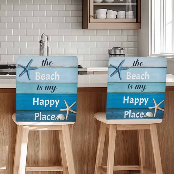 The Beach Is My Happy Place Chair Covers Set of 8 Starfish Shell Chair Back Covers Stretch Removable Washable Chairs Slipcovers Chair Protector for Dining Room Kitchen Party Decor
