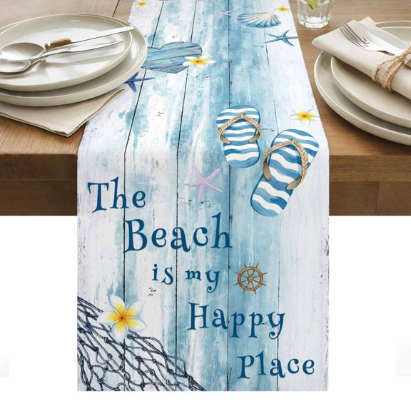 The Beach Is My Happy Place Cotton Linen Table Runner Summer Ocean Blue Slippers Starfish Shell Wood Grain Dining Table Runners for Home Decor Party Dining Room Restaurant Kitchen Party 13" x 48"