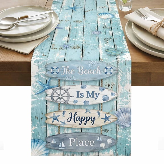 The Beach Is My Happy Place Cotton Linen Table Runner Summer Ocean Blue Starfish Shell Green Wood Grain Dining Table Runners for Home Decor Party Dining Room Restaurant Kitchen Party 13" x 48"