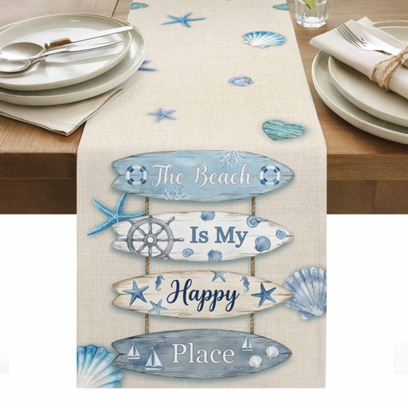 The Beach Is My Happy Place Cotton Linen Table Runner Summer Ocean Blue Starfish Shell Seahorse Linen Dining Table Runners for Home Decor Party Dining Room Restaurant Kitchen Party 13" x 48"