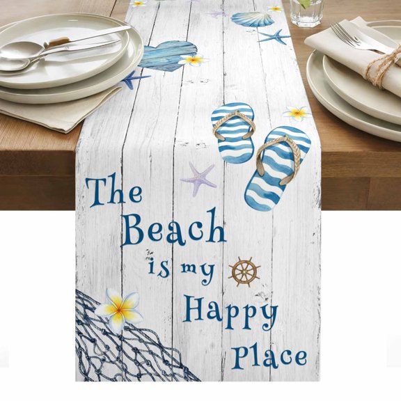 The Beach Is My Happy Place Cotton Linen Table Runner Summer Ocean Slippers Starfish Shell Wood Grain Dining Table Runners for Home Decor Party Dining Room Restaurant Kitchen Party 13" x 48"