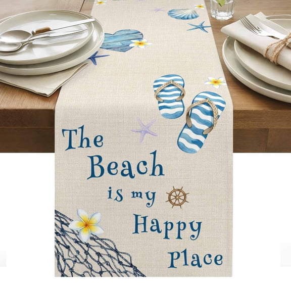 The Beach Is My Happy Place Cotton Linen Table Runner Summer Retro Ocean Blue Slippers Starfish Shell Dining Table Runners for Home Decor Party Dining Room Restaurant Kitchen Party 13" x 60"