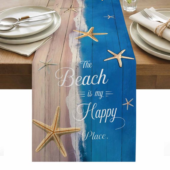 The Beach Is My Happy Place Cotton Linen Table Runner Summer Starfish Beach Board Dining Table Runners for Home Decor Party Dining Room Restaurant Kitchen Party 13" x 60"