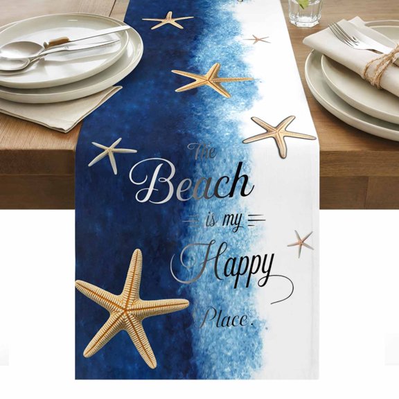 The Beach Is My Happy Place Cotton Linen Table Runner Summer Starfish Wood Grain Dining Table Runners for Home Decor Party Dining Room Restaurant Kitchen Party 13" x 48"