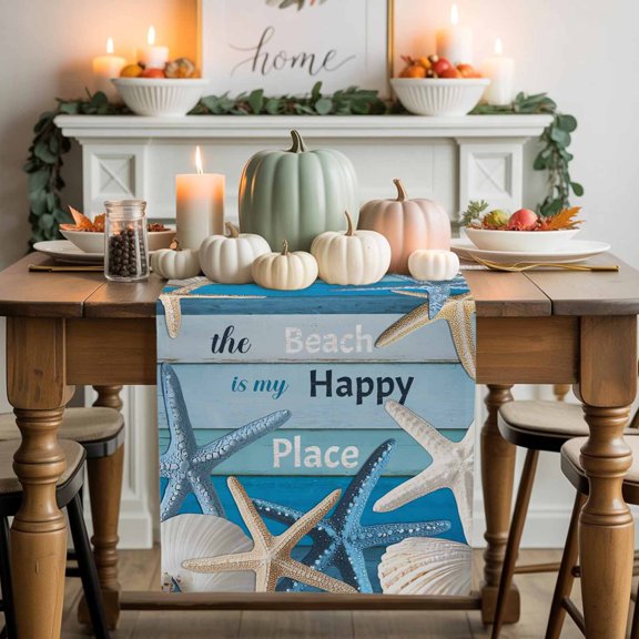 The Beach Is My Happy Place Cotton Linen Table Runner, Washable Table Runners for Kitchen, Dining Room, Holiday, Home Party Table Decor, 13x120 Inches