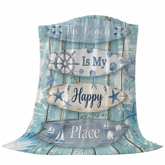 The Beach Is My Happy Place Fleece Throw Blanket Lightweight Summer Ocean Blue Starfish Shell Green Wood Grain Fuzzy Flannel Throws Super Soft Cozy Flannel Blanket for Couch, Sofa, Bed 30"x40"