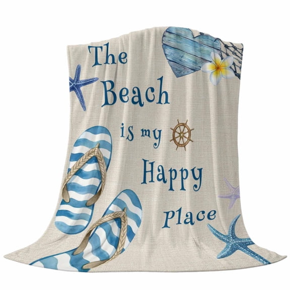 The Beach Is My Happy Place Fleece Throw Blanket Lightweight Summer Retro Ocean Blue Slippers Starfish Shell Fuzzy Flannel Throws Super Soft Cozy Flannel Blanket for Couch, Sofa, Bed, Travel 30"x40"