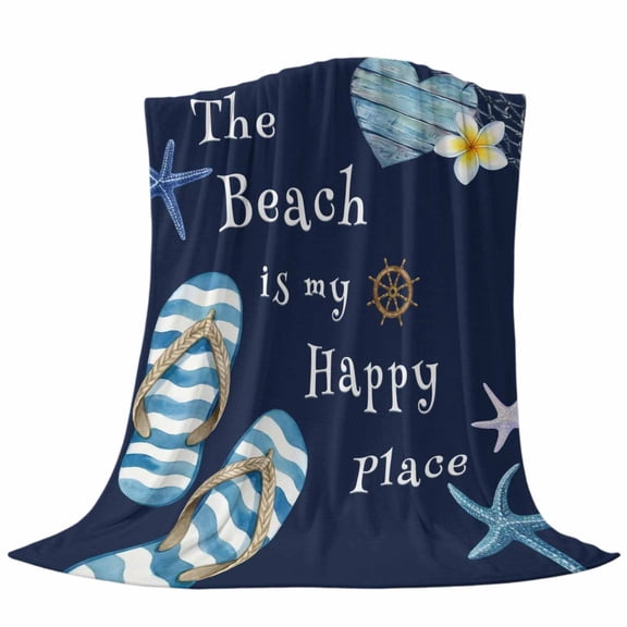 The Beach Is My Happy Place Fleece Throw Blanket Summer Ocean Blue Slippers Starfish Shell Ultra Soft Fuzzy Cozy Flannel Throw Blanket for Couch Sofa Bed Car Travel, Ideal Gifts 40x50 Inches