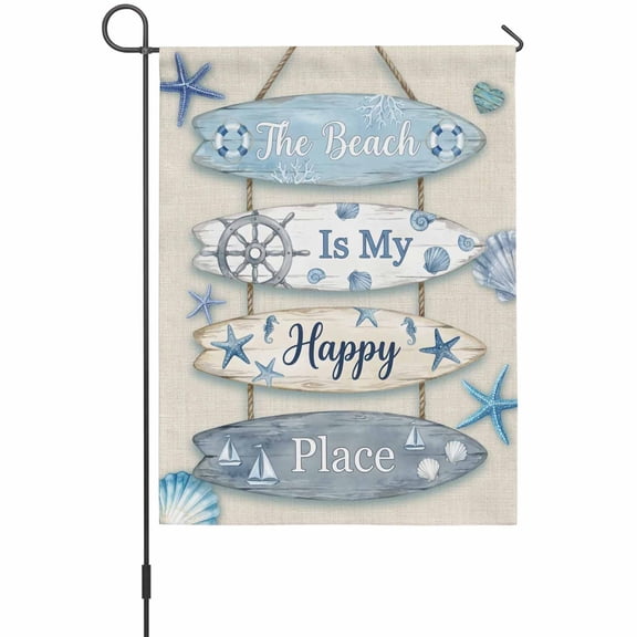 The Beach Is My Happy Place Garden Flag 12 x 18 Inches, Summer Ocean Blue Starfish Shell Seahorse Linen Weather Proof Outdoor Patio Flags Double Sided Small Garden Decoration for Yard Outside Home