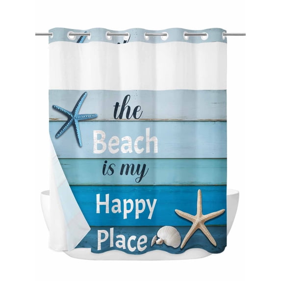 The Beach Is My Happy Place No Hook Shower Curtain and Liner Set Starfish Shell Blue Wood Grain Shower Curtains with Snap-in Liner & See Through Top Window Hotel Style for Bathroom Decor 72x78 Inch