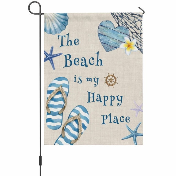 The Beach Is My Happy Place House Flag 28 x 40 Inches, Summer Retro Ocean Blue Slippers Starfish Shell Weather Proof Outdoor Patio Flags Double Sided Small House Decoration for Yard Lawn Outside Home