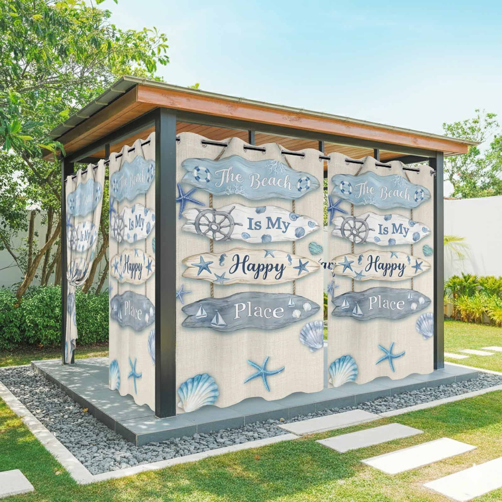 The Beach Is My Happy Place Outdoor Curtains for Patio, Summer Ocean Blue Starfish Shell Seahorse Linen Sunshade Privacy Drapes Grommet Waterproof Outside Curtains for Porch Balcony 54"x108", 1 Panel