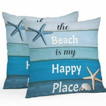 The Beach Is My Happy Place Outdoor Pillow Covers Pack of 2 Starfish Shell Blue Wood Grain Waterproof Throw Pillow Covers Decorative Cushion Cases for Patio Garden Tent Balcony Couch 24x24 inch