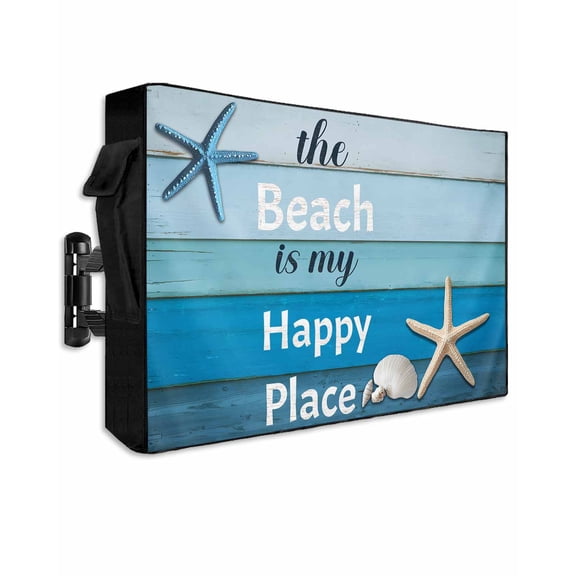 The Beach Is My Happy Place Outdoor TV Cover 48 to 50 inch Starfish Shell Blue Wood Grain Waterproof Dustproof TV Covers for Outside with Zipper Remote Control Pocket Flat Screen Protectors