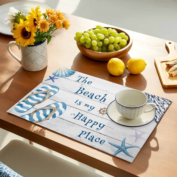 The Beach Is My Happy Place Placemats Set of 1, Summer Ocean Slippers Starfish Shell Wood Grain Non-Slip Place Mats Washable Table Mats for Kitchen Dining Table Decorations Indoor/Outdoor