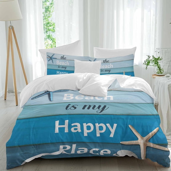 The Beach Is My Happy Place Queen Size Comforter Set, Starfish Shell Blue Wood Grain Bedding for All Seasons, 4 Pcs Bed Set, 1Quiltcover (90"x92") ,1Sheet(94"x116"), 2Pillowcases (30"x20")
