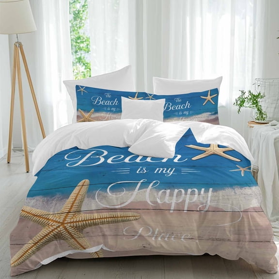 The Beach Is My Happy Place Queen Size Comforter Set, Summer Starfish Beach Board Bedding for All Seasons, 4 Pcs Bed Set, 1Quiltcover (90"x92") ,1Sheet(94"x116"), 2Pillowcases (30"x20")