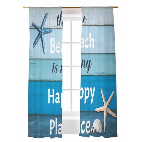 The Beach Is My Happy Place Sheer Curtains 2 Panels Set Starfish Shell Blue Wood Grain Lihgt Filtering Rod Pocket Voile Drape, Semi Sheer Window Curtains for Bedroom Living Room, 52"x96"