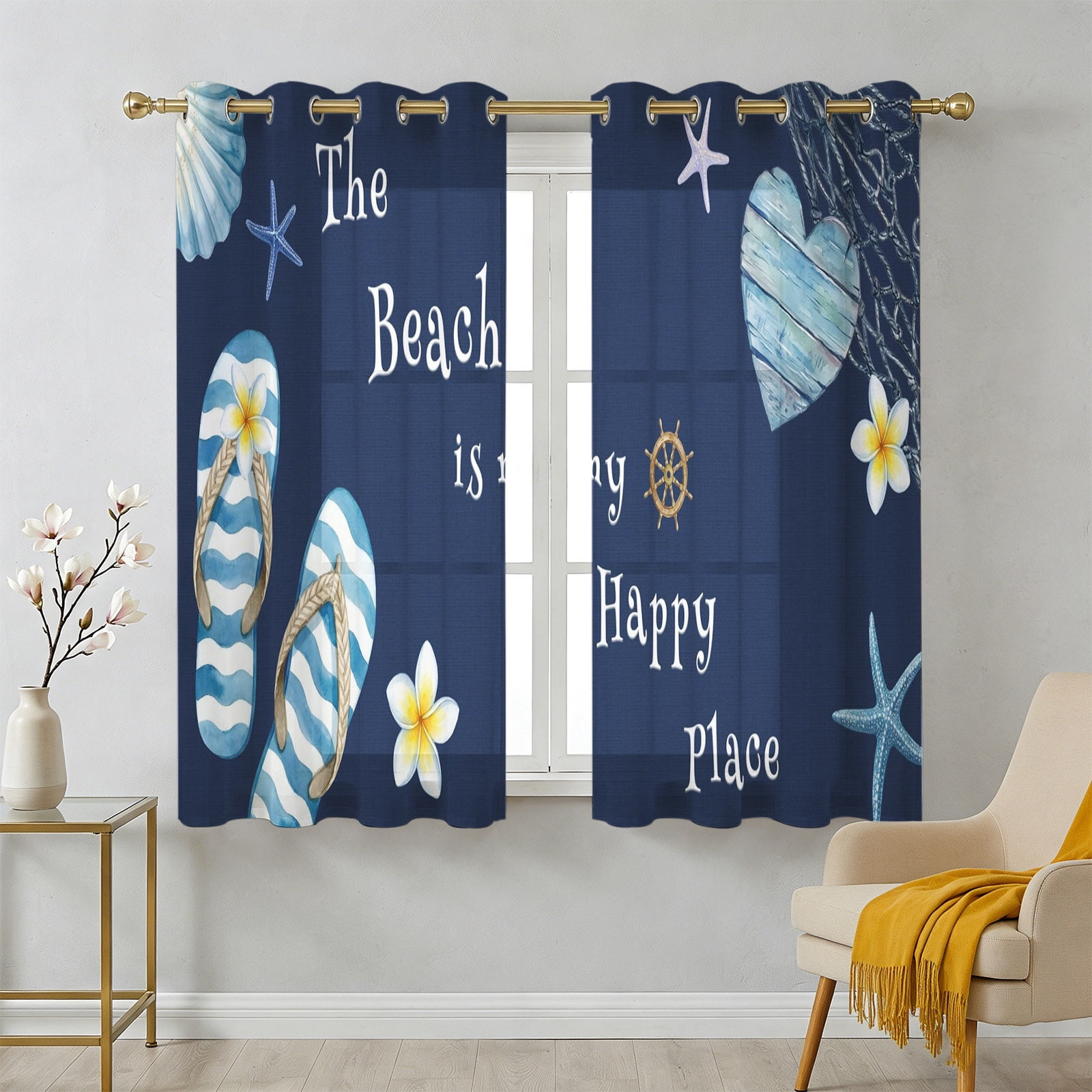 Hapy Rommet The Beach Is My Happy Place Sheer Curtains 39 Inch Long 2 Panels ...