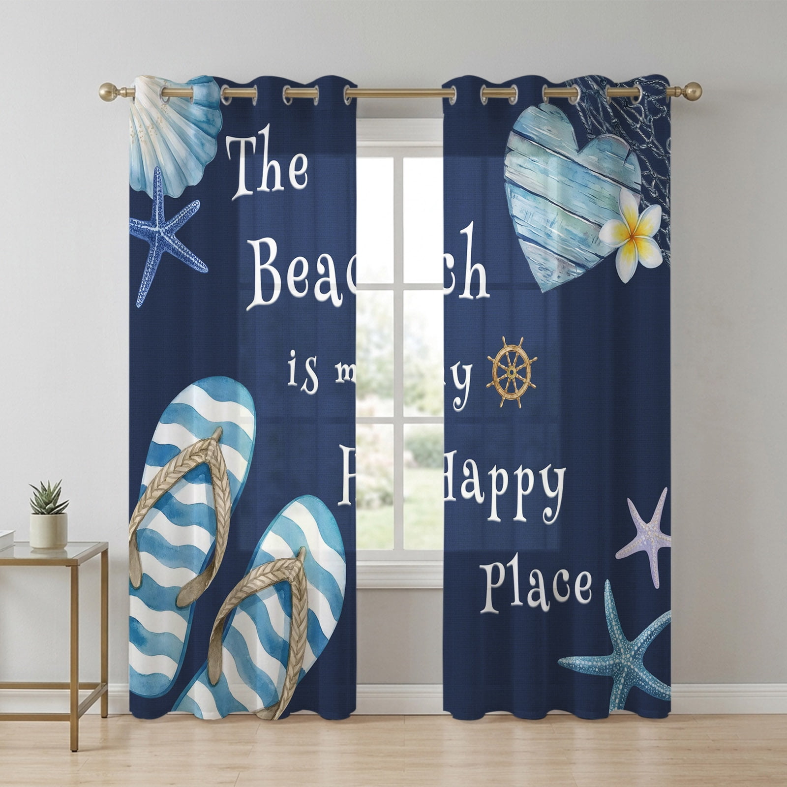 Hapy Rommet The Beach Is My Happy Place Sheer Curtains 90 Inch Long 2 Panels ...