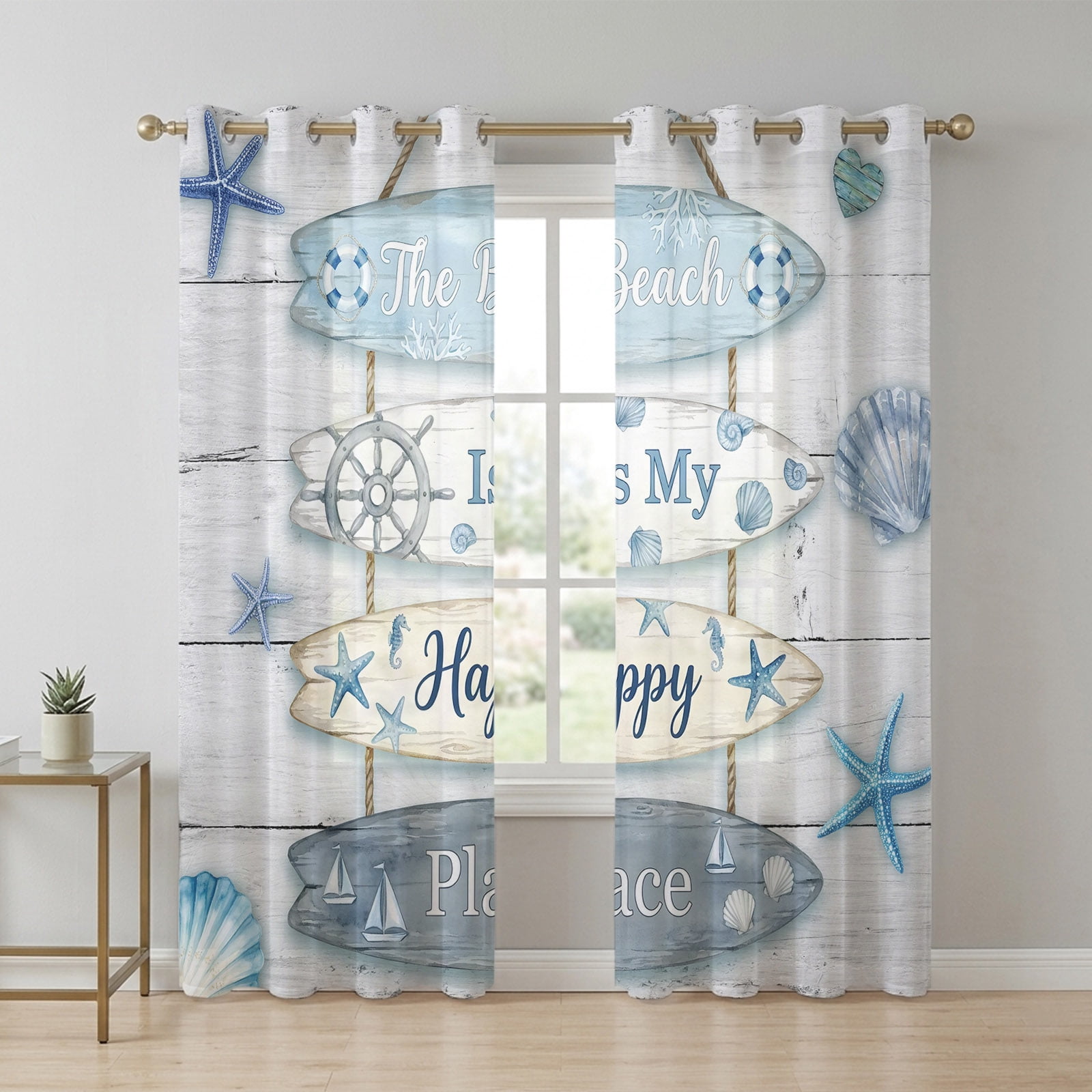 The Beach Is My Happy Place Sheer Curtains 90 Inch Long 2 Panels ...