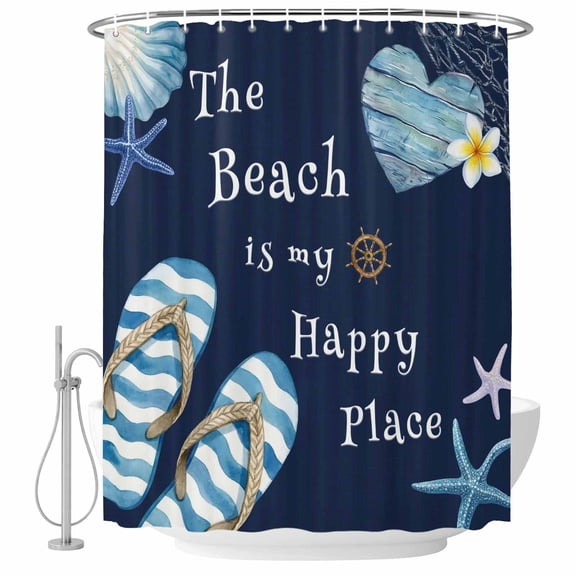 The Beach Is My Happy Place Shower Curtain for Bathroom, Summer Ocean Blue Slippers Starfish Shell Waterproof Cloth Fabric Bathroom Accessories Set with 9 Rust Proof Plastic Hooks, 36"x72"