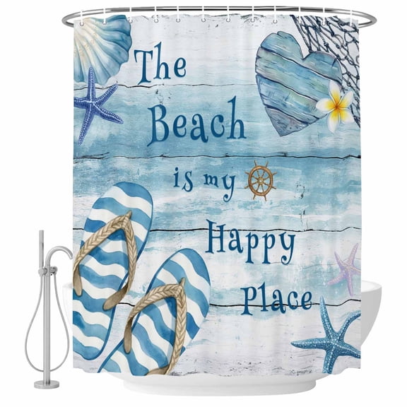 The Beach Is My Happy Place Shower Curtain Set with Hooks, Summer Ocean Blue Slippers Starfish Shell Wood Grain Water Repellent Shower Curtains for Bathroom Decor, Washable Shower Curtain 36x72 Inch