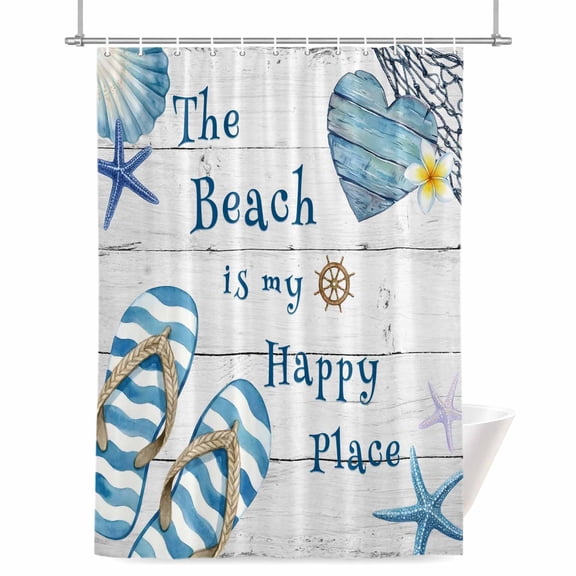 The Beach Is My Happy Place Shower Curtain, Summer Ocean Slippers Starfish Shell Wood Grain Waterproof Shower Curtain Set with 12 Hooks Lightweight Bath Curtains Fabric Bathroom Decor 36x72 Inches
