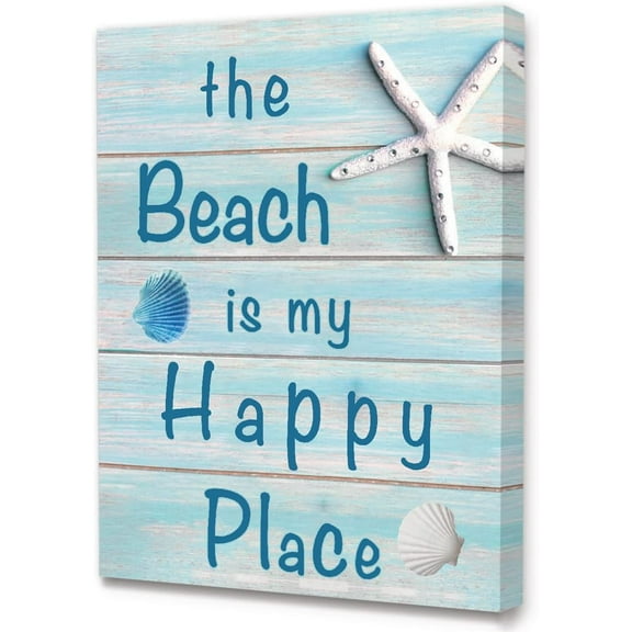 The Beach Is My Happy Place Starfish Beach Sign Canvas Wall Art,Vintage Beach Theme Bathroom Canvas Wall Artwork Ready to Hang for Home Bathroom Wall Decor-12" x 15"