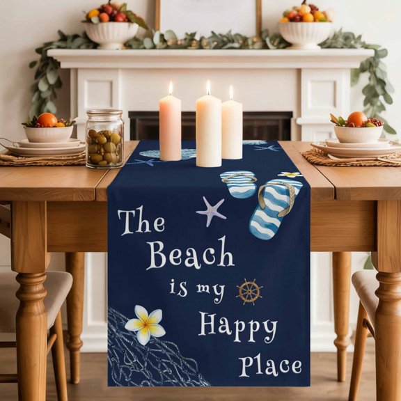 The Beach Is My Happy Place Table Runner, Summer Ocean Blue Slippers Starfish Shell Washable Cotton-linen Table Runners Dining Kitchen Decoration for Everyday Home Wedding Party Decor, 18 x72 Inch