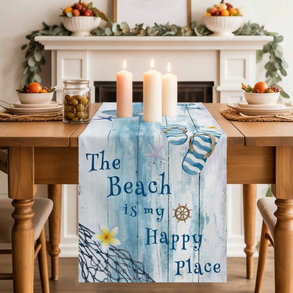 The Beach Is My Happy Place Table Runner, Summer Ocean Blue Slippers Starfish Shell Wood Grain Washable Cotton-linen Table Runners Dining Kitchen Decoration for Everyday Home Wedding Party 13x36 Inch