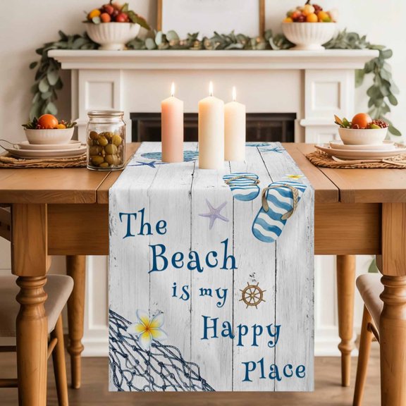The Beach Is My Happy Place Table Runner, Summer Ocean Slippers Starfish Shell Wood Grain Washable Cotton-linen Table Runners Dining Kitchen Decoration for Everyday Home Wedding Party 18 x72 Inch