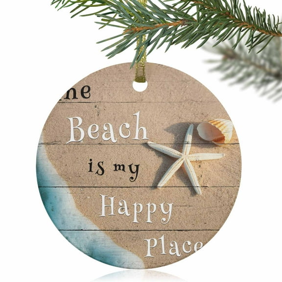Beach Happy Place Text Starfish Shell Christmas Ceramic Ornament 2025,3" Round Xmas Tree Hanging Accessories with Gold Ribbon,Coastal Ocean Scene Pendant Ornaments for Holiday Gift Home Party Decor