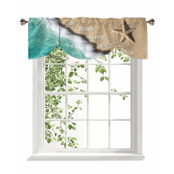 The Beach Is My Happy Place Tie Up Valances Curtain, Adjustable Kitchen Blue Ocean Wave Starfish Valances for Windows Decor, Rod Pocket Short Curtains Set for Bedroom/Bathroom, 42"x18"