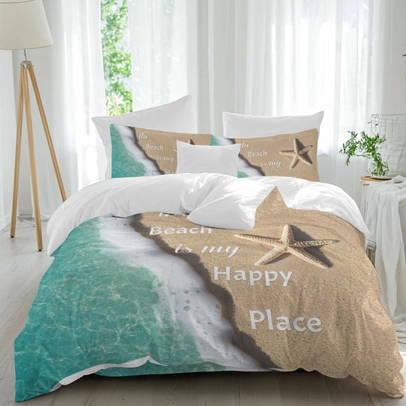 The Beach Is My Happy Place Twin Size Comforter Set, Blue Ocean Wave Starfish Bedding for All Seasons, 4 Pcs Bed Set, 1 Quiltcover (68"x86") ,1Sheet(67"x116"), 2Pillowcases (30"x20")