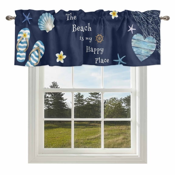 The Beach Is My Happy Place Valances for Windows, 54x18in, Summer Ocean Blue Slippers Starfish Shell Rod Pocket Kitchen Valance Curtain Light Filtering Window Treatments for Living Room Bedroom