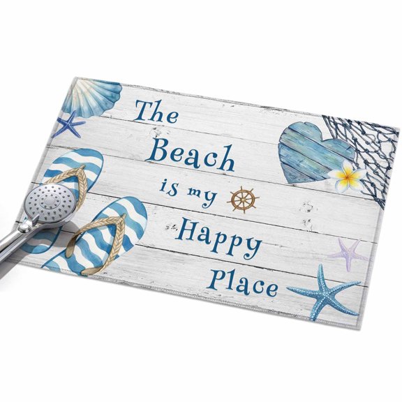 The Beach Is My Happy Place Washable Area Rug 2 x 3 ft Summer Ocean Slippers Starfish Shell Wood Grain, Soft Non Slip Rugs Stain Repellent Indoor Felt Carpet for Living Dining Room Bedroom Home